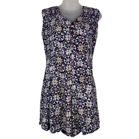 FIBER OPTICS VINTAGE WOMEN'S NAVY & CREAM PATTERN SHORTS ROMPER DRESS SIZE 7/8 - Picture 1 of 6